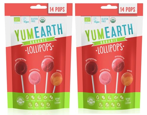 Yumearth - piruletas ecológicas de frutas 4 sabores: granada, sandía, fresa, melocotón - 14 unidades (pack 2 bolsas sabor frutas)