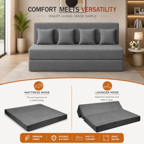 Image of Four Seater Sofa Cum Bed 6x6 Ft with Soft Foam Cushioning, Comfortable Foldable Sofa Bed for Living Room, Bedroom, Guest Room & Office(Grey)