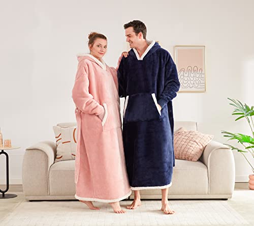 Touchat Wearable Blanket Hoodie Blanket, Flannel Sherpa Fleece Comfy Blanket Hoodie, Oversized Hoodie For Adults Women Men, Sweatshirt Blanket With Hood, Pocket & Sleeves, One Size Fits All（Naveblue） #TOP2