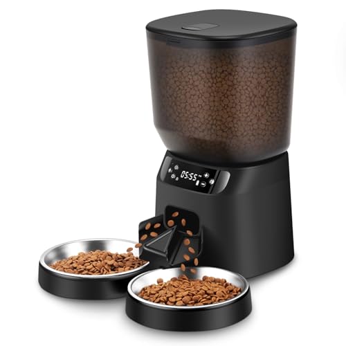 Automatic Cat Feeders for Two Cats, 5L/20 Cups Double Automatic Cat Food Dispenser with 2 Stainless Bowls, Timer Setting 20 Portions 6 Meals Per Day, 10s Meal Call (Black) by KATALICLAB - Used condition - US$33.71