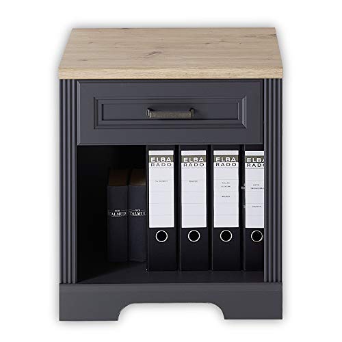 Stella Trading JASMIN Rollcontainer Schreibtisch in Graphit, Artisan Eiche Optik - Mobiler Büroschrank mit Fach und Schublade - Landhausstil Büromöbel Komplettset - 54 x 62 x 39 cm (B/H/T)
