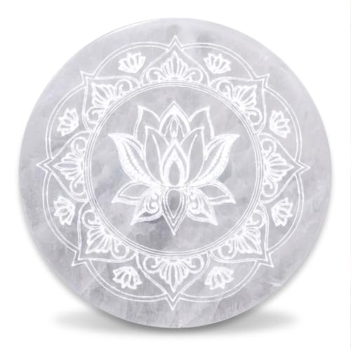 Placa redonda de Selenita Natural, 10 cm, Disco de carga circular cristal con Grabados Místicos, para Meditación y Energía, Nudo de Bruja, 7 Chakras, Flor de la Vida (Flor de Loto Blanca)