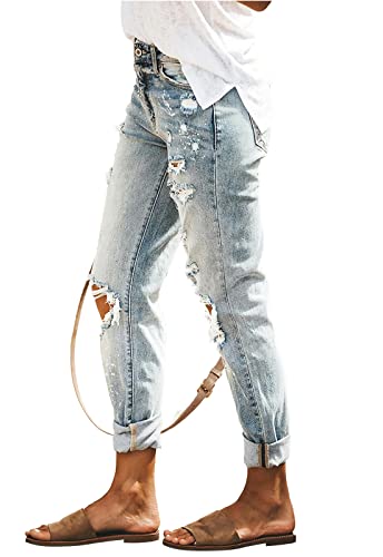 Hetipr Women's Ripped Boyfriend Jeans Mid Rise Loose Fit Distressed Stretchy Denim Pants Us Small, Light Blue #TOP1