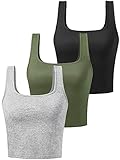 Porvike Crop Tops for Women Workout Tank Top Cropped Sleeveless Shirts Square Neck Tanks Basic Gym Exercise Clothes 3 Pack Black/Grey/Army Green M