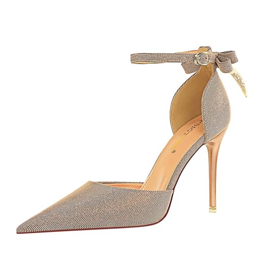 Womens Bow Tie High Heels Closed Pointed Toe Sparkly Pumps Sexy Stiletto Ankle Strap Heel Sandals Wedding Evening Dress Shoes for Women