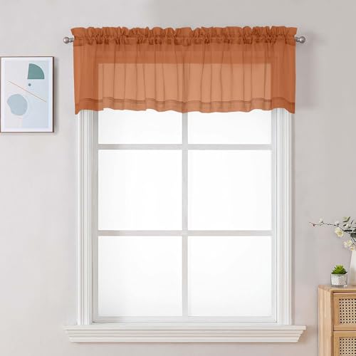 Image of Chyhomenyc Orange Sheer Valances for Windows - Light Filtering Small Kitchen Curtains, Rod Pocket Short Top Window Treatment Decor for Living Room Bathroom Basement, 42Wx16L inches, 2 Panels