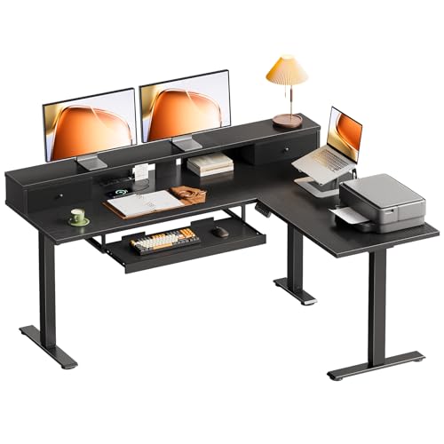 OffiGo 59 Inch L Shaped Electric Standing Desk with Drawers,