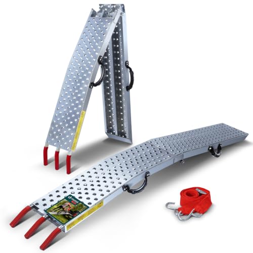Miniatura 7 de VOUNOT® Rampa de Carga Plegable 400 kg Máx. de Capacidad, Rampa de Acceso Riel Antideslizante de Metal Galvanizado con Correas de Seguridad, Plegable para Moto Tractor Motocicleta ATV Quad
