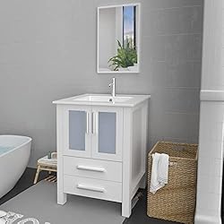 eclife 24´´ Bathroom Vanity Sink Combo with Overflow White Drop in Ceramic Sink Top & White MDF Modern Bathroom Cabinet & Chrome Solid Brass Faucet and Pop Up Drain with Mirror （A08B03W）