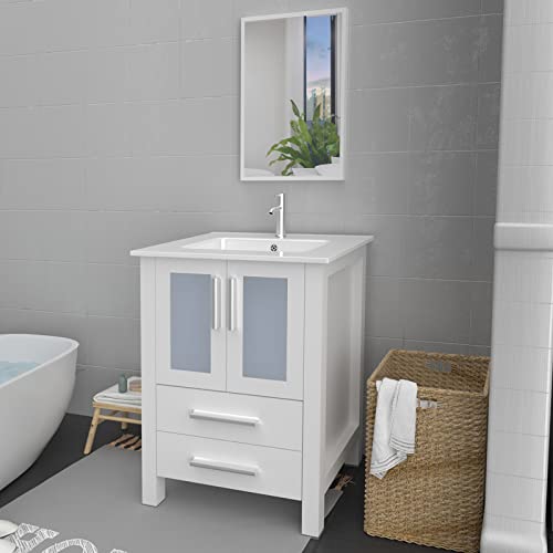 Eclife 24" Bathroom Vanity Sink Combo With Overflow White Drop In Ceramic Sink Top & White Mdf Modern Bathroom Cabinet & Chrome Solid Brass Faucet And Pop Up Drain With Mirror （A08B03W） #TOP5
