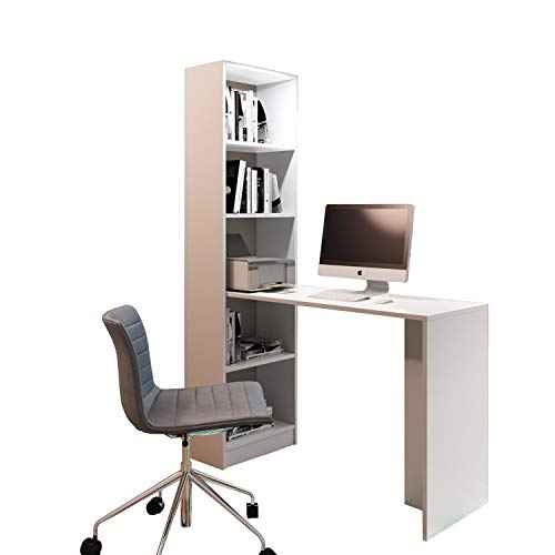 Selly Home Bureau 125x80 cm avec Etagere Rangement 180 cm - Bureau Gaming avec Meuble Rangement - Bureaux avec Bibliotheque - Bureau Informatique - Blanc Cover