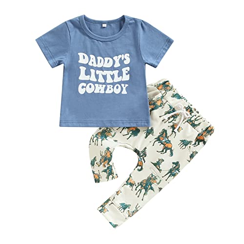 Image of Western Baby Boy Summer Clothes Cow Print Short Sleeve T-Shirt Top Pants Set 2Pcs Toddler Western Cowboy Outfits