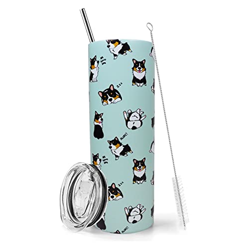 Corgi Tumbler With Lid and Straw - 20 oz Insulated Stainless Stee...