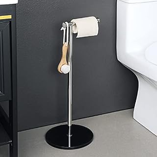 Sayayo Toilet Roll Holder Free Standing Chromed Toilet Paper Holder for Bathroom, SUS304 Stainless Steel Poles and 12MM Extra Thick Tempered Glass Round Base with Additional Hook Design, EGKN220LD-CB