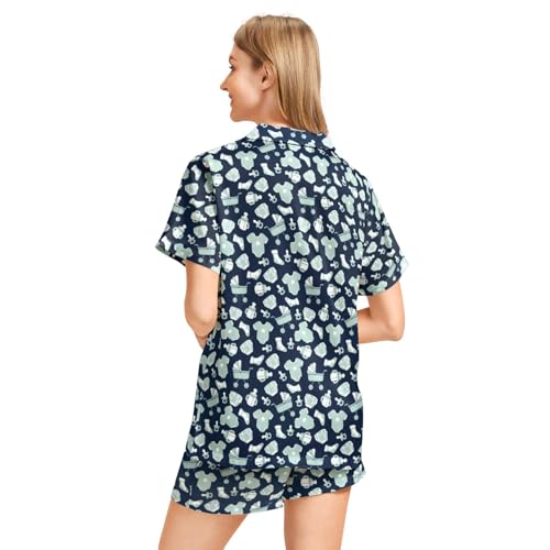 Image of Funny Pajamas for Women Set Print Satin Loungewear Pjs Short Sleeve Button Down Top and Shorts Sets Sleepwear XS-3XL