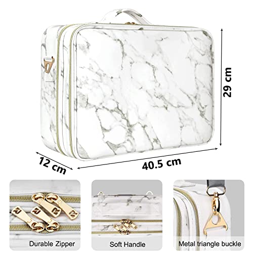 Image of Travel Makeup Case, Professional Cosmetic Train Cases Artist Storage Bag Make Up Tool Boxes Brushes Bags with Compartments Vanity Organizer (16 INCH(2 Layer), Marble Pattern)