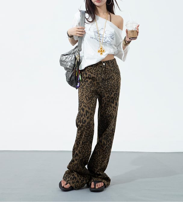 POHADON Women Leopard Print Pants Vintage Baggy Wide Leg Y2k Jeans Cheetah Denim Pants Vintage Trendy Y2k Streetwear3