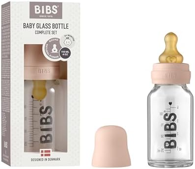 BIBS Baby Glass Bottle Complete Set 110 ml | BPA Free Natural Rubber | Made in Denmark | Blush