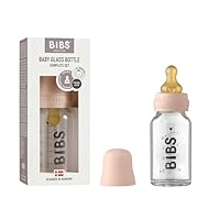 BIBS Baby Glass Bottle 110ml, Vermindert Koliken, Runder Sauger aus Naturkautschuklatex, Unterstützt das Stillen. Complete Set - 110 ml, Blush