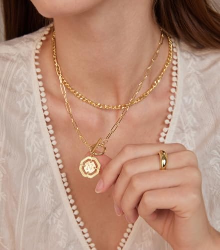 Layered Initial Necklaces for Women 14K Gold Plated Stackable Chunky Cuban Chain Choker Necklace Coin Letter Pendant Necklace Personalized Name Necklaces for Women Trendy Gold Jewelry Gift for Her4