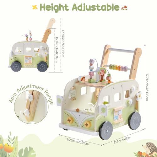 Image of ROBOTIME Wooden Baby Walker, Baby Push Walker, Ajustable Speed Multi-Functional Baby Walker with Wheels for Babies Learning to Walk, Sit-to-Stand (Green)