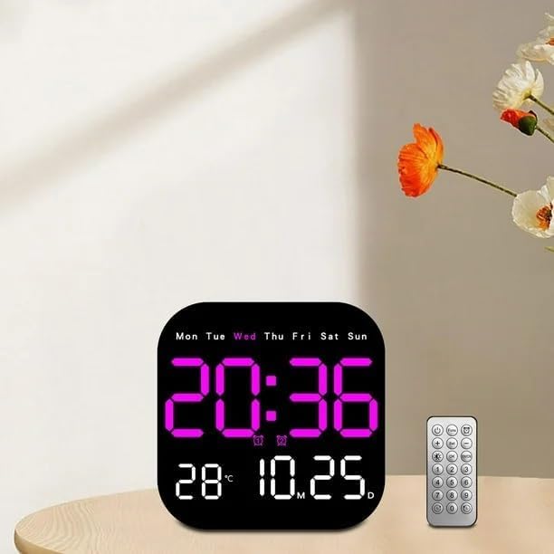 Image of 15-Inch Digital Wall Clock with Large LED Display - Remote Control, Auto-Dimming, Night Light, Date, Day, Temperature, DST Function - Ideal for Living Room, Bedroom (Square 9 inch Pink)