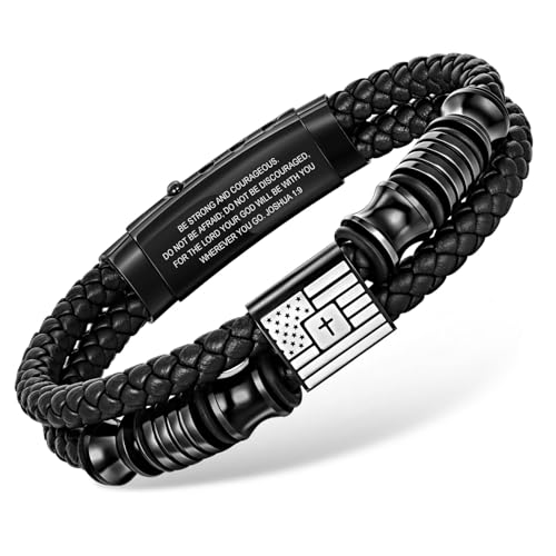 VNOX Cross Bracelet for Men - Double-Row Braided Leather Faith Bible Verse American Flag Bracelets for Men Jewelry Gift Religious Baptism Easter Gifts for Young Men Teenage,Adjustable Wristband