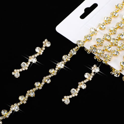 2 Yards Rhinestone Strips Crystal Applique Bling Rhinestone Trim Sewing Appliques Embellishments for Jewelry Necklaces, Bouquets, Bags, Wedding Cakes, Crafts, DIY Clothes and Party(Gold)