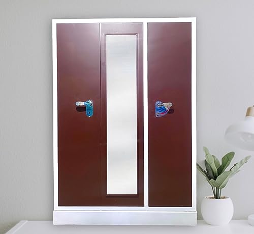 Image of MKFURNITURE Steel Almirah Wardrobe 3 Door with Mirror Cupboard | Wardrobe Storage Rack Closest Organizer for Clothes | 2 Hanging Space Single Locker with Letter Box | Modern Storage Wardrobe (Brown)
