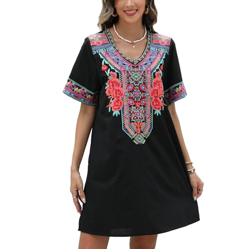 Image of Grosy Fiesta Embroidered Mexican Dress for Women Beach Vacation Plus Size Short Sleeve Summer Boho Dresses with Pocket