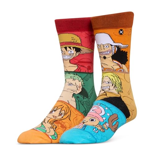 Odd Sox One Piece Mash Up Split Novelty Crew Socks Size Large Mens 812 / Womens 9.513.5 Anime Fan Gift Durable Knit Comfort Comfortable Everyday Graphic Design