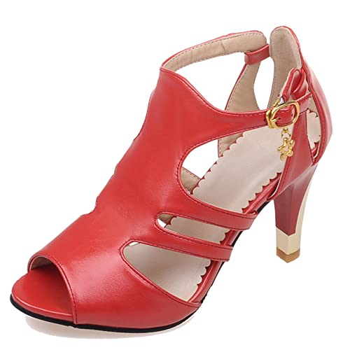 Sandales spartiates rouge Lizoleor à talons aiguilles peep toe de mariée pour fête taille 38
