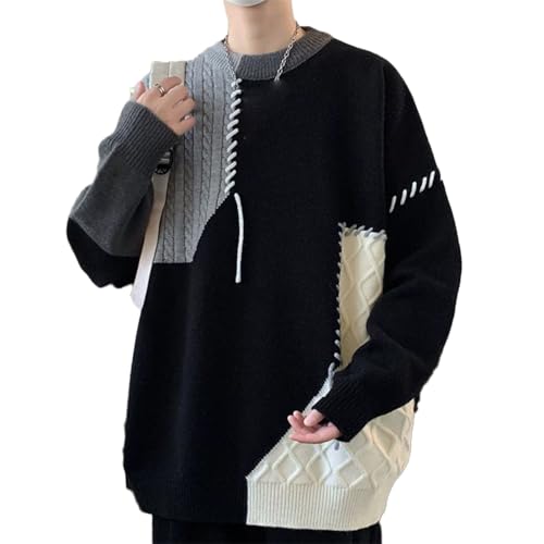 Men's Patchwork Sweater Colorblock Jumper Cable Knitted Pullover Oversized Thick