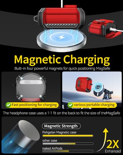 Image of Pohgelan Compatible with AirPods 4 Case Carbon Fiber Texture(Red) | Magnetic Automatic Lock with Phone Stand & Cleaning Kit,Compatible with Magsafe