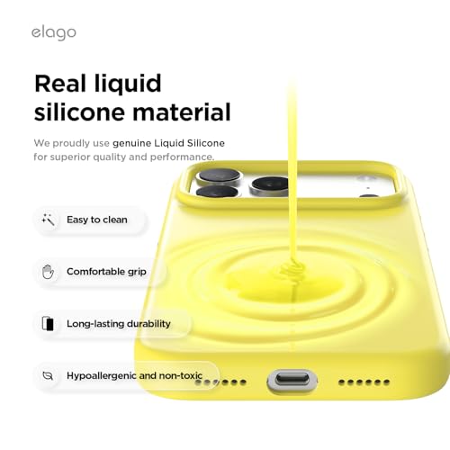 Image of elago for iPhone 17 Pro Max Case, Premium Magnetic Silicone Case, Compatible with MagSafe, Liquid Silicone Material, Protective Cover, Shockproof, Slim Phone, 6.9 inch (Neon Yellow)