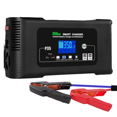 Cargador y mantenedor Inteligente de baterías para Auto P35 de 12 V/24 V y 35 A, con 9 etapas de Carga para baterías de Litio, AGM, Plomo ácido y LiFePO4, con función de reparación y Pantalla LCD