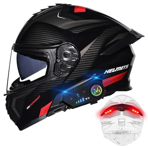 BYGMWEP Casque Moto Modulable Bluetooth avec Feu Arrière, Casque Moto Homologué ECE, Flip Up Casque Adulte Moto avec Double Visière, Microphone à Haut-Parleur intégré, pour Homme Femme