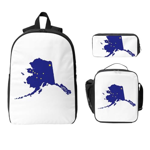 Alaska state Flag Map print Shoulder Bookbags Lunch Bag and Pen Case 17 inches Backpack with Lunch Box, Cute Bookbag Set2