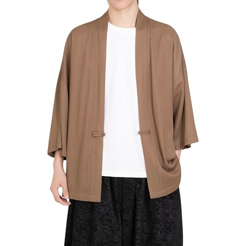 Image of PRIJOUHE Men's Kimono Jackets Cardigan Casual Cotton Blends Linen Seven Sleeve Open Front Embroidery Coat