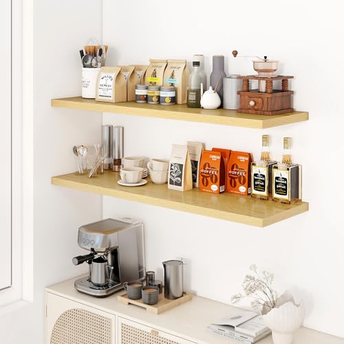 Image of Dreamland 48 inch Floating Shelves for Wall, 12 inch Deep Slim Oak Floating Shelves, Wall-Mounted Shelves for Bedroom, Living Room, Kitchen, Bathroom - Set of 2