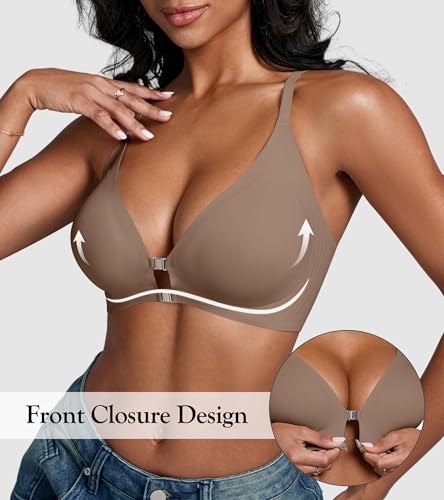 Image of DEANGELMON Front Closure Bras for Women Racerback Bra No Underwire Seamless Push Up T-Shirts Bras Supportive Womens Bralettes