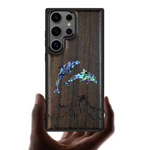 Coque Galaxy S25 Ultra étui bois sombre gravé et coquille dauphin