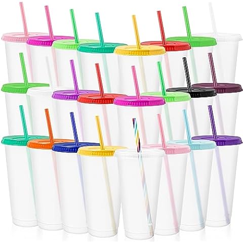 M-Aimee Tumblers with Lids and Straws Bulk, 24 Pcs Reusable Cups with Lids Plastic Colorful Cups for Parties Birthdays, Iced Coffee Cup Travel Mug Cold Drink Cups Bulk Tumblers (24 oz, Clear Colors) Cover