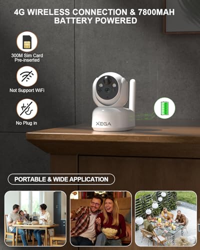 Xega 4G CCTV Indoor Security Camera Wireless-7800mAh Battery, 2K Super HD PTZ Camera with SIM Card, No WiFi, PIR Motion Detection, Color Night Vision, Cloud & TF Card Storage, IP65