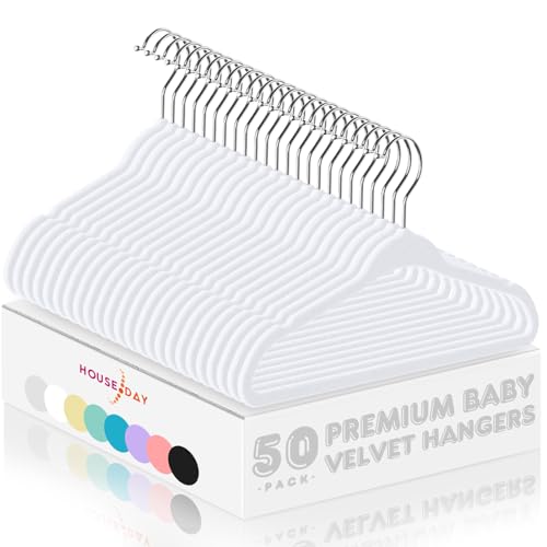 Image of HOUSE DAY 11 Inch Velvet Baby Hangers 50 Pack White, Premium Kids Hangers for Children, Infant & Toddler Clothes, Durable Non Slip Small Baby Felt Hanger for Closet, Ideal for Everyday Use