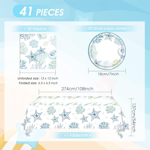 Image of 41Pcs Ocean Seashell Party Supplies Kit,Coastal Beach Disposable Party Tableware Decorations,Starfish Coral Paper Plates Napkins and tablecloth for Kids Summer Birthday Baby Shower, Serves 20