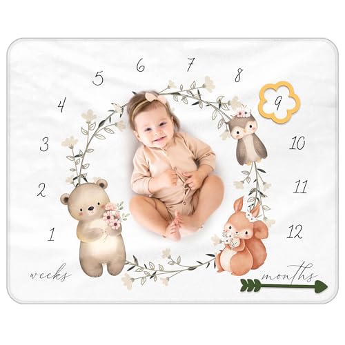 Image of Baby Monthly Milestone Blanket for Girls and Boys – Soft Flannel 40x50 Inch Photo Blanket with 2 Milestone Markers – Newborn Keepsake with Animals, Green Ribbon & Frosted Zipper Pouch