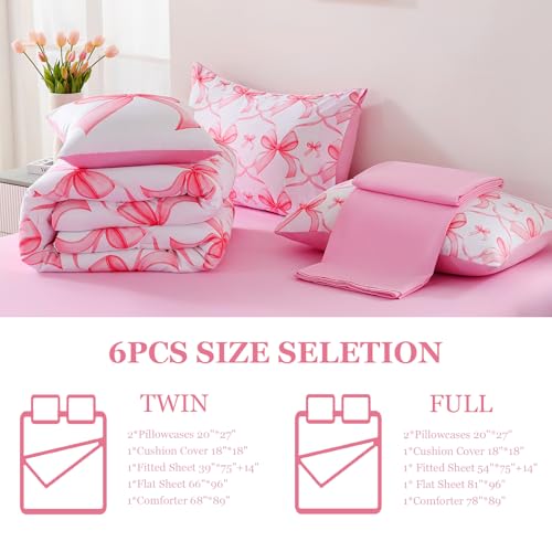 Image of DORCAS Bow Twin Comforter Set for Girls,6 Pieces Bed in A Bag Pink Bow Bedding Sets with Sheets for Kids