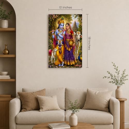 Image of Rangoli Radha Krishna Self Adhesive Poster 12x18 Inch | Hindu God Wall Sticker Poster with Cow & Calf for Home Temple Pooja Room Living Room Bedroom Decor | Spiritual Devotional Wall Art