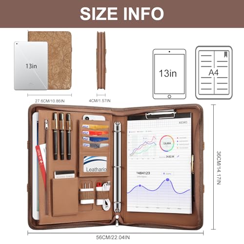Image of Leathario Portfolio Binder, Includes 5 Folder Index Dividers, 13 Inch Tablets Organizer with Handle, Vegan Leather A4 Padfolio, Multi-Pocket Notepad Business Planner Professional Document